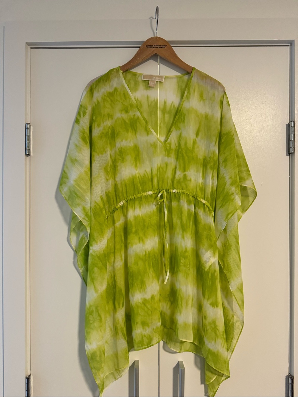 Michael Kors Lime and White Sheer Tie-Dye V-Neck Caftan